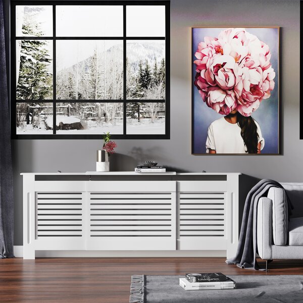 HOMCOM MDF Extendable Radiator Cover Cabinet Shelving Home Office Slatted Design White 139-208.5L x 20.5W x 82.5H cm Aosom UK