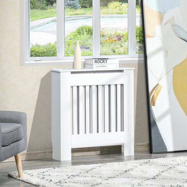 HOMCOM Vertical Slatted Radiator Cover, MDF Wooden Cabinet for Home Office, 78L x 19W x 81H cm, White Aosom UK