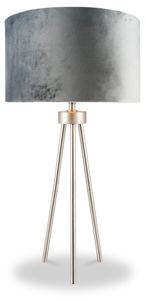 Houston Brushed Silver Metal Tripod Table Lamp with Grey Velvet Shade | Roseland Furniture