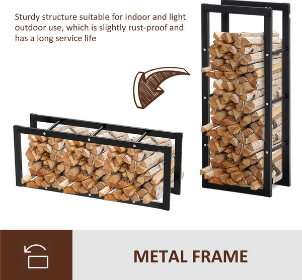 HOMCOM Metal Firewood Log Holder Tall Firewood Rack Indoor Outdoor Fireplace Wood Storage Shelf with Side Rails, Black, 40W x 25D x 100H cm