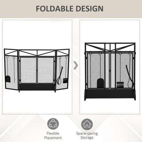 HOMCOM 3 Panel Folding Fire Guard Screen w/ Fireplace Tool Sets, Front Doors, Freestanding Fire Screen Spark Guard w/ Feet, Black Aosom UK