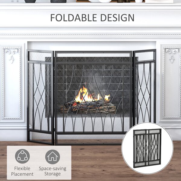 HOMCOM 3-Panel Folding Fireplace Screen, Metal Mesh Fire Spark Guard, 126L x 3W x 80H cm-Black Aosom UK