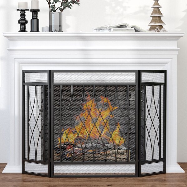 HOMCOM 3-Panel Folding Fireplace Screen, Metal Mesh Fire Spark Guard, 126L x 3W x 80H cm-Black Aosom UK