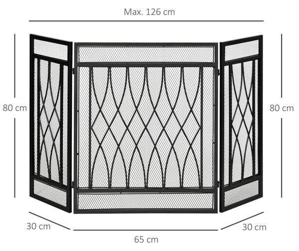 HOMCOM 3-Panel Folding Fireplace Screen, Metal Mesh Fire Spark Guard, 126L x 3W x 80H cm-Black Aosom UK