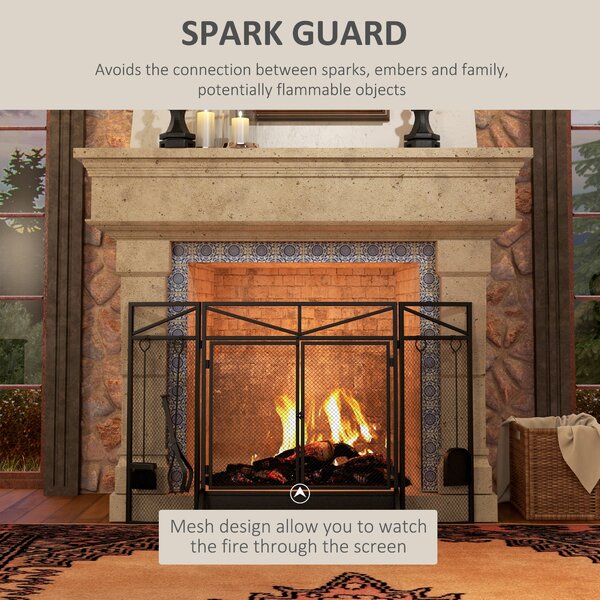 HOMCOM 3 Panel Folding Fire Guard Screen w/ Fireplace Tool Sets, Front Doors, Freestanding Fire Screen Spark Guard w/ Feet, Black Aosom UK