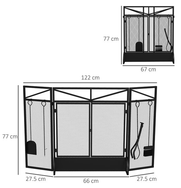 HOMCOM 3 Panel Folding Fire Guard Screen w/ Fireplace Tool Sets, Front Doors, Freestanding Fire Screen Spark Guard w/ Feet, Black Aosom UK