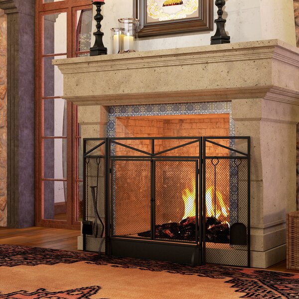 HOMCOM 3 Panel Folding Fire Guard Screen w/ Fireplace Tool Sets, Front Doors, Freestanding Fire Screen Spark Guard w/ Feet, Black Aosom UK