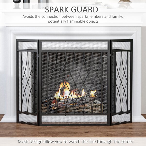 HOMCOM 3-Panel Folding Fireplace Screen, Metal Mesh Fire Spark Guard, 126L x 3W x 80H cm-Black Aosom UK