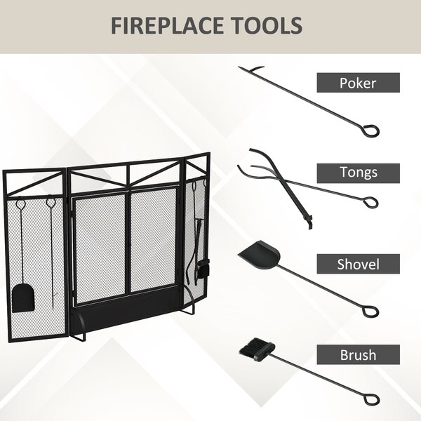 HOMCOM 3 Panel Folding Fire Guard Screen w/ Fireplace Tool Sets, Front Doors, Freestanding Fire Screen Spark Guard w/ Feet, Black Aosom UK