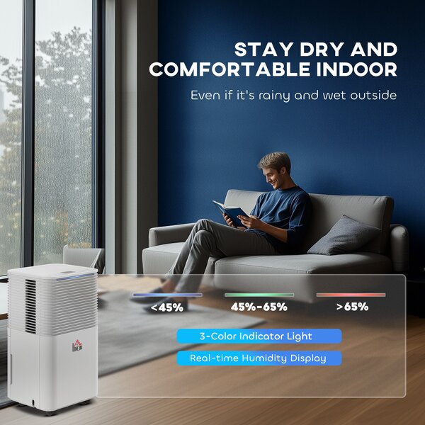 HOMCOM 10L/Day Quiet Compact Dehumidifier for Home Laundry Room Bedroom, Electric Moisture Air Dryer with 3 Modes Aosom UK