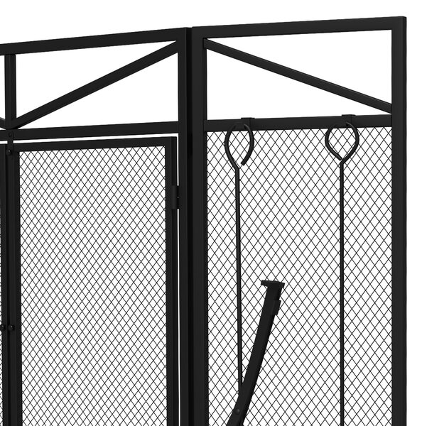 HOMCOM 3 Panel Folding Fire Guard Screen w/ Fireplace Tool Sets, Front Doors, Freestanding Fire Screen Spark Guard w/ Feet, Black Aosom UK