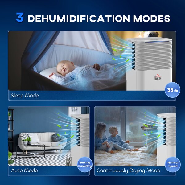 HOMCOM 10L/Day Quiet Compact Dehumidifier for Home Laundry Room Bedroom, Electric Moisture Air Dryer with 3 Modes Aosom UK