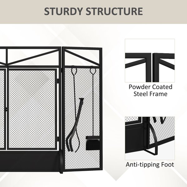 HOMCOM 3 Panel Folding Fire Guard Screen w/ Fireplace Tool Sets, Front Doors, Freestanding Fire Screen Spark Guard w/ Feet, Black Aosom UK