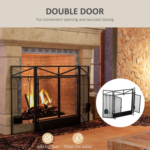 HOMCOM 3 Panel Folding Fire Guard Screen w/ Fireplace Tool Sets, Front Doors, Freestanding Fire Screen Spark Guard w/ Feet, Black Aosom UK