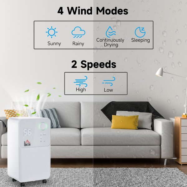 HOMCOM 12L/Day Quiet Low-Energy Dehumidifier w/ 24H Timer for Home Laundry Room Bedroom, Electric Moisture Air Dryer with 4 Modes, white Aosom UK