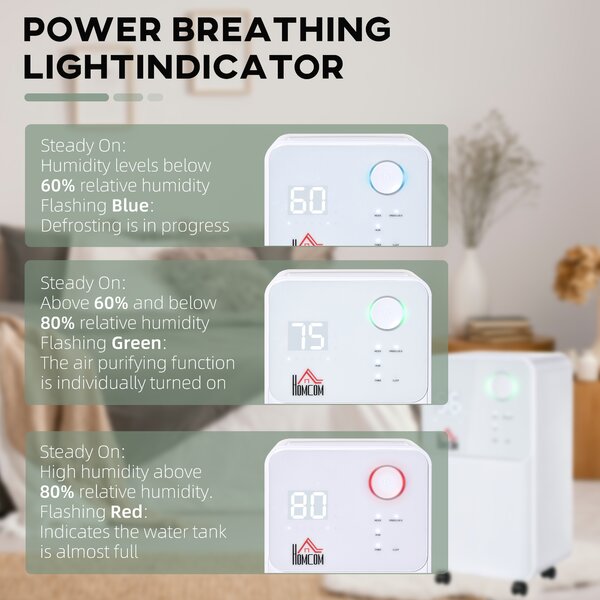 HOMCOM 12L/Day Quiet Low-Energy Dehumidifier w/ 24H Timer for Home Laundry Room Bedroom, Electric Moisture Air Dryer with 4 Modes, white Aosom UK