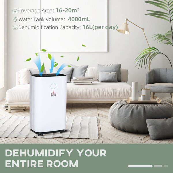 HOMCOM 16L/Day Quiet Dehumidifier for Home Laundry Bedroom Basement, 4000ML Electric Moisture Air De-Humidifier with 3 Modes, White Aosom UK
