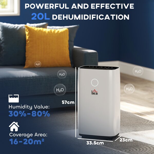 HOMCOM 20L/Day 4000ML Portable Quiet Dehumidifier for Home Laundry Room Bedroom Basement, Electric Moisture Air De-Humidifier with 3 Modes Aosom UK