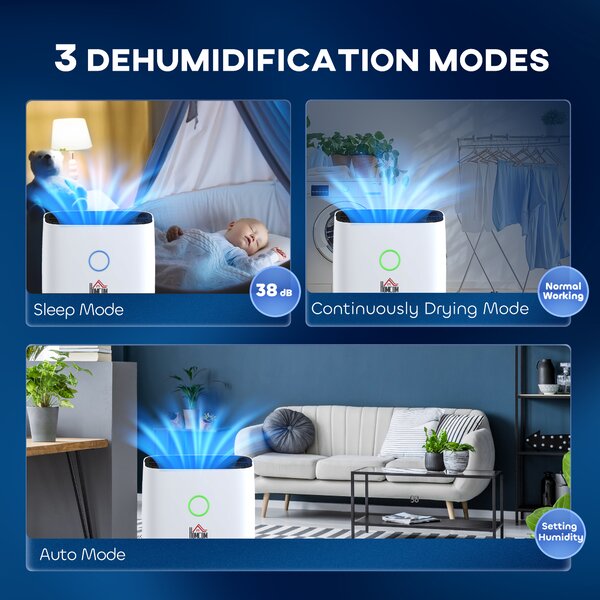 HOMCOM 20L/Day 4000ML Portable Quiet Dehumidifier for Home Laundry Room Bedroom Basement, Electric Moisture Air De-Humidifier with 3 Modes Aosom UK