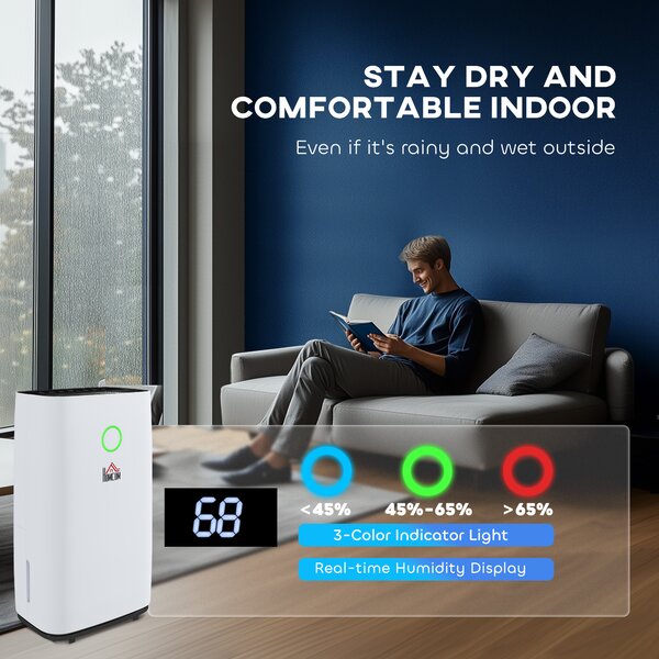 HOMCOM 20L/Day 4000ML Portable Quiet Dehumidifier for Home Laundry Room Bedroom Basement, Electric Moisture Air De-Humidifier with 3 Modes Aosom UK