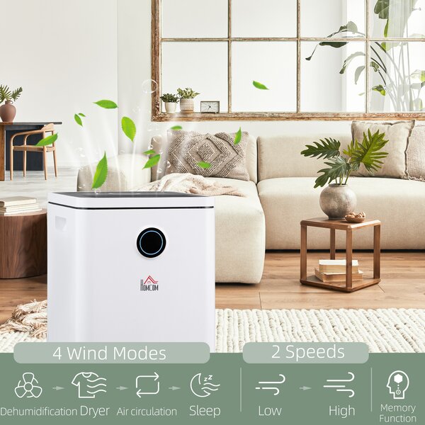 HOMCOM 10L/Day Dehumidifier with 2.5L Water Tank, Intelligent & Sleep Mode, Quiet Compact Dehumidifier for Home Laundry Basement, White Aosom UK