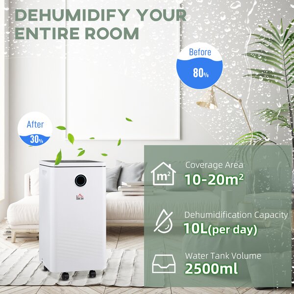 HOMCOM 10L/Day Dehumidifier with 2.5L Water Tank, Intelligent & Sleep Mode, Quiet Compact Dehumidifier for Home Laundry Basement, White Aosom UK
