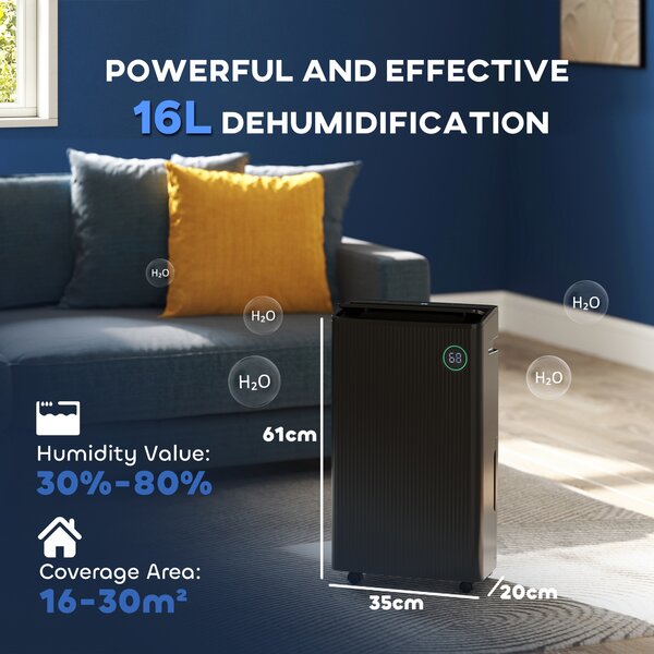 HOMCOM 5500mL Portable Dehumidifier with Air Purifier, 24H Timer, 5 Modes, 16L/Day, Quiet Low-Energy Dehumidifier for Home Laundry Basement, Black Aosom UK