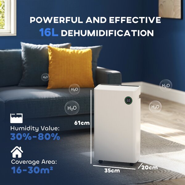 HOMCOM 5500mL Quiet Compact Dehumidifier with Air Purifier, 24H Timer, 5 Modes, 16L/Day, Electric Moisture Air Dryer for Home Laundry Basement, White Aosom UK