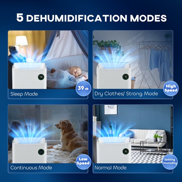 HOMCOM 5500mL Quiet Compact Dehumidifier with Air Purifier, 24H Timer, 5 Modes, 16L/Day, Electric Moisture Air Dryer for Home Laundry Basement, White Aosom UK