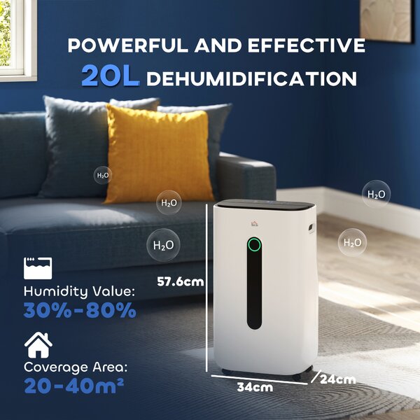HOMCOM 22L/Day Dehumidifier with Filter, 24H Timer, 4 Modes, Quiet Low-Energy Dehumidifier for Home Laundry Basement, White Aosom UK