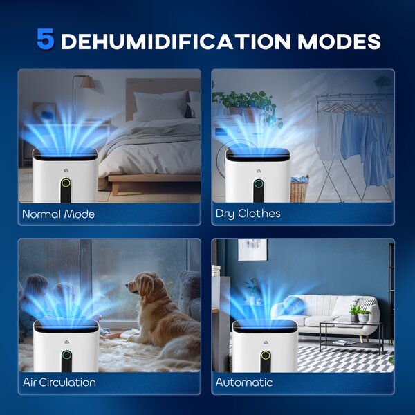 HOMCOM 22L/Day Dehumidifier with Filter, 24H Timer, 4 Modes, Quiet Low-Energy Dehumidifier for Home Laundry Basement, White Aosom UK
