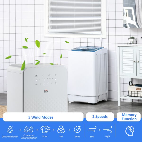 HOMCOM 10L/Day Quiet Low-Energy Dehumidifier, with 24H Timer, 5 Modes, Filtration System, for Home Laundry, White Aosom UK