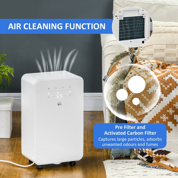 HOMCOM 10L/Day Quiet Low-Energy Dehumidifier, with 24H Timer, 5 Modes, Filtration System, for Home Laundry, White Aosom UK