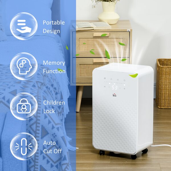 HOMCOM 10L/Day Quiet Low-Energy Dehumidifier, with 24H Timer, 5 Modes, Filtration System, for Home Laundry, White Aosom UK