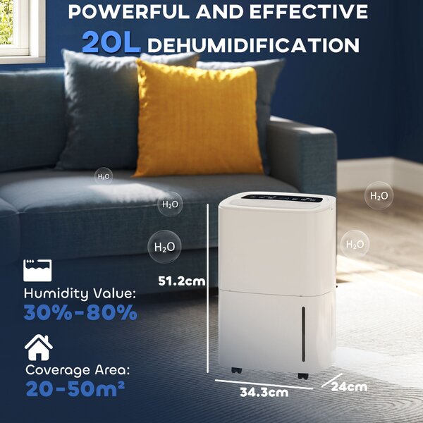 HOMCOM 20L/Day Compact Dehimidifier with 5L Water Tank, Digital Humidity Display, Electric Dehumidifier for Home, Bedroom Aosom UK