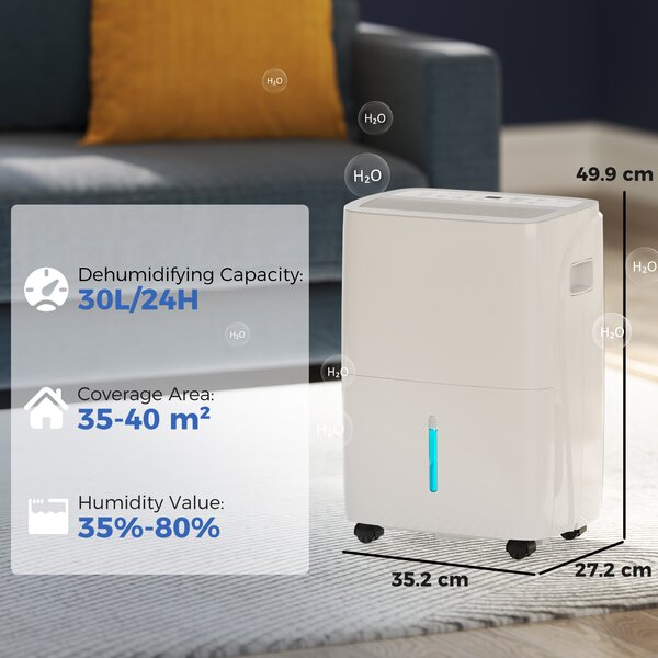 HOMCOM 30L/Day Quiet Dehumidifier w/ Auto-Clean Filter, 4L Water Tank, 24H Timer, Portable Air Dryer for Home Laundry Room Bedroom Basement, White Aosom UK