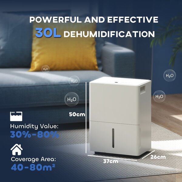 HOMCOM 30L/Day Low-Energy Dehumidifier with 4.7L tank, 24H Timer , Electric Moisture Air De-Humidifier with 2 Speed Modes, White Aosom UK