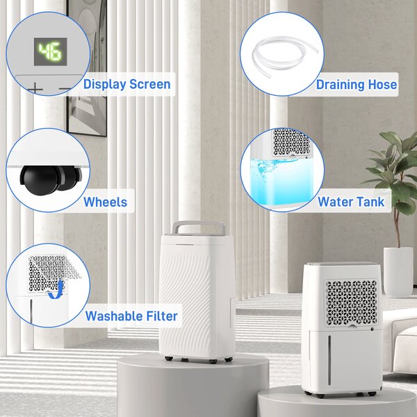 HOMCOM 16L/Day Portable Dehumidifier Clothes Dryer with Air Filter, 5.5L Water Tank, Humidity Light, for Home, Bedroom, Laundry Drying, White Aosom UK