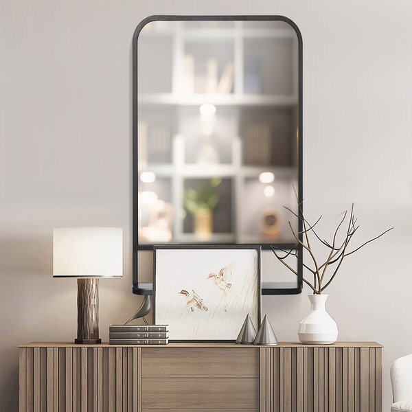 HOMCOM Modern Wall Mirror with Storage Shelf, 86 x 53 cm, Contemporary Design for Bedroom, Living Room, Black Aosom UK