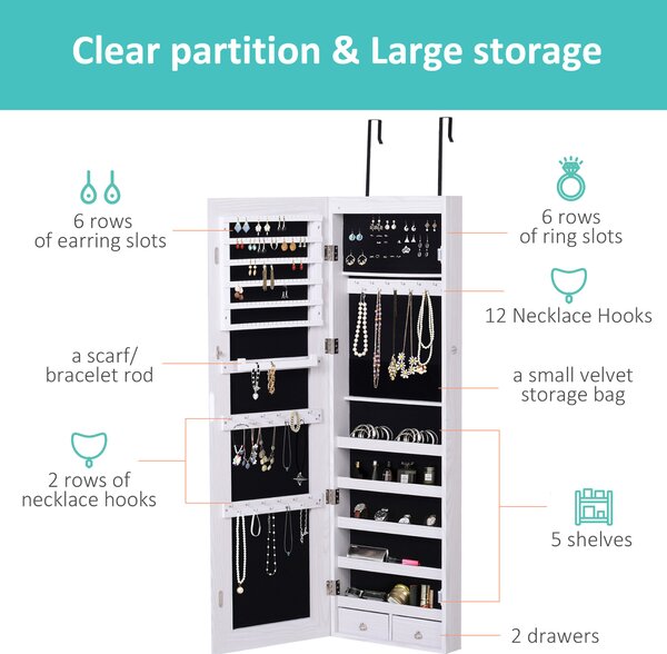 HOMCOM Mirrored Jewellery Cabinet, Door/Wall Mounted Organiser, Lockable with 6 LED Lights, White Aosom UK