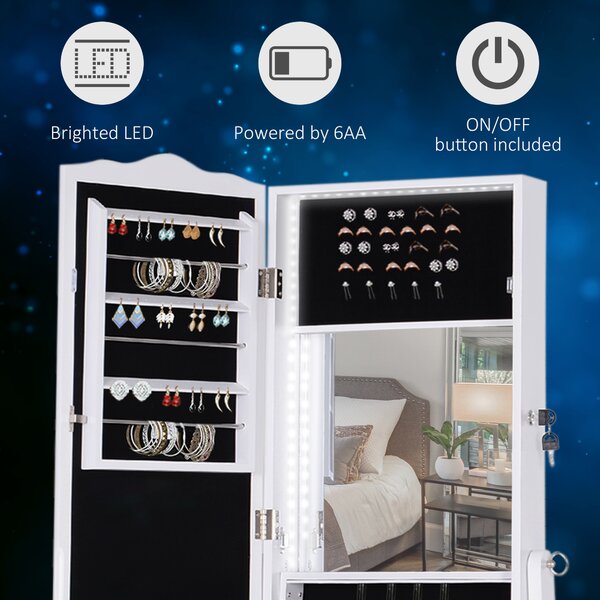 HOMCOM LED Jewellery Cabinet, Floor Standing Mirror Armoire with Flip-over Makeup Shelf and Lock, White Aosom UK