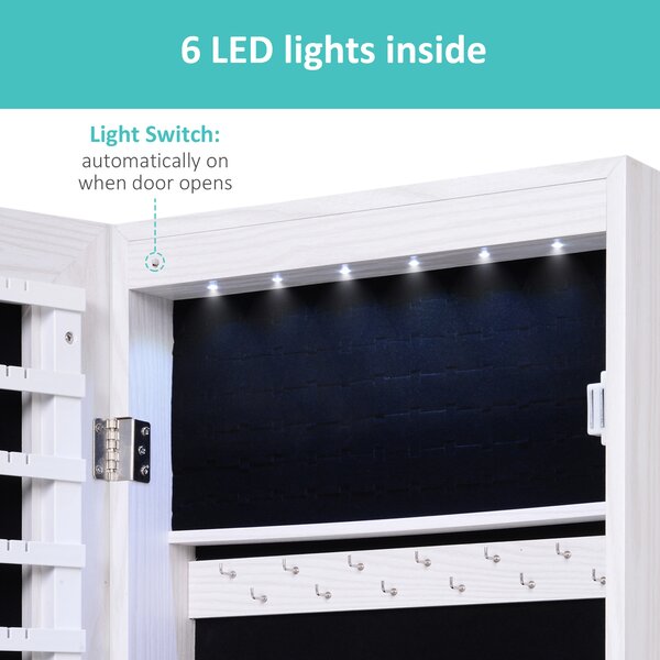HOMCOM Mirrored Jewellery Cabinet, Door/Wall Mounted Organiser, Lockable with 6 LED Lights, White Aosom UK