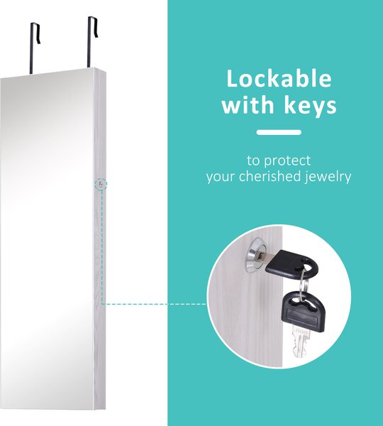 HOMCOM Mirrored Jewellery Cabinet, Door/Wall Mounted Organiser, Lockable with 6 LED Lights, White Aosom UK