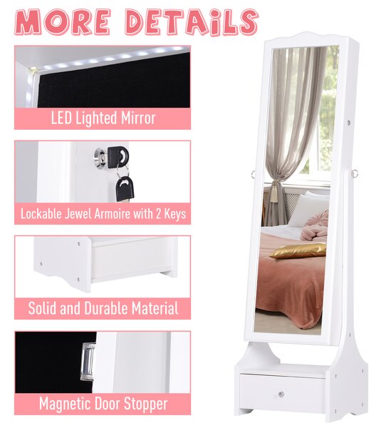 HOMCOM LED Jewellery Cabinet, Floor Standing Mirror Armoire with Flip-over Makeup Shelf and Lock, White Aosom UK