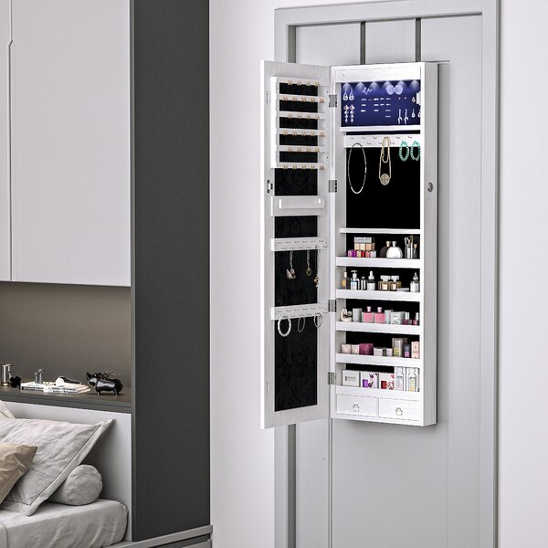 HOMCOM Mirrored Jewellery Cabinet, Door/Wall Mounted Organiser, Lockable with 6 LED Lights, White Aosom UK