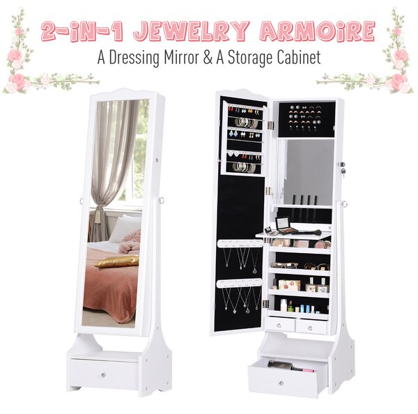 HOMCOM LED Jewellery Cabinet, Floor Standing Mirror Armoire with Flip-over Makeup Shelf and Lock, White Aosom UK