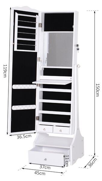 HOMCOM LED Jewellery Cabinet, Floor Standing Mirror Armoire with Flip-over Makeup Shelf and Lock, White Aosom UK