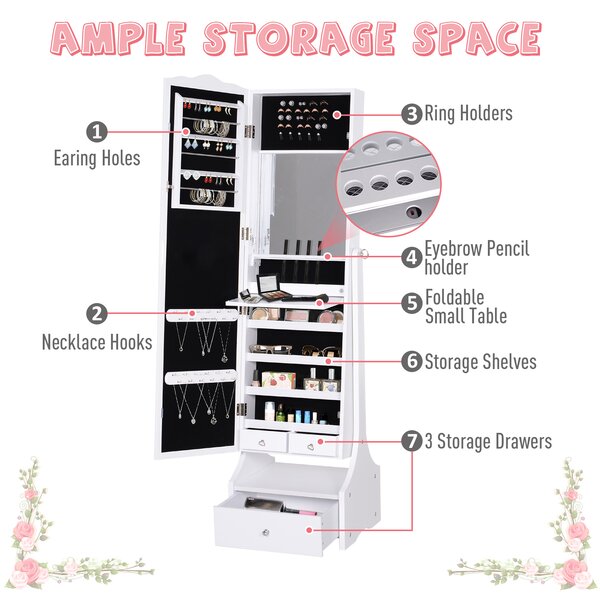 HOMCOM LED Jewellery Cabinet, Floor Standing Mirror Armoire with Flip-over Makeup Shelf and Lock, White Aosom UK