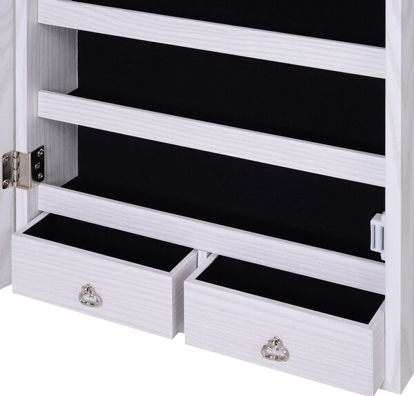 HOMCOM Mirrored Jewellery Cabinet, Door/Wall Mounted Organiser, Lockable with 6 LED Lights, White Aosom UK