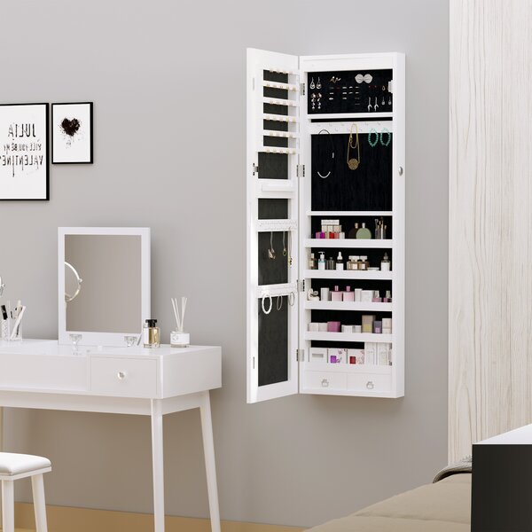 HOMCOM Mirrored Jewellery Cabinet, Door/Wall Mounted Organiser, Lockable with 6 LED Lights, White Aosom UK